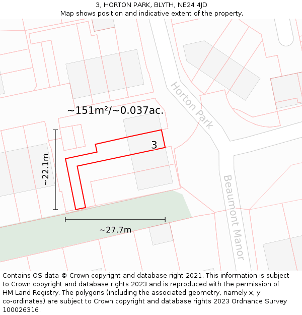 3, HORTON PARK, BLYTH, NE24 4JD: Plot and title map