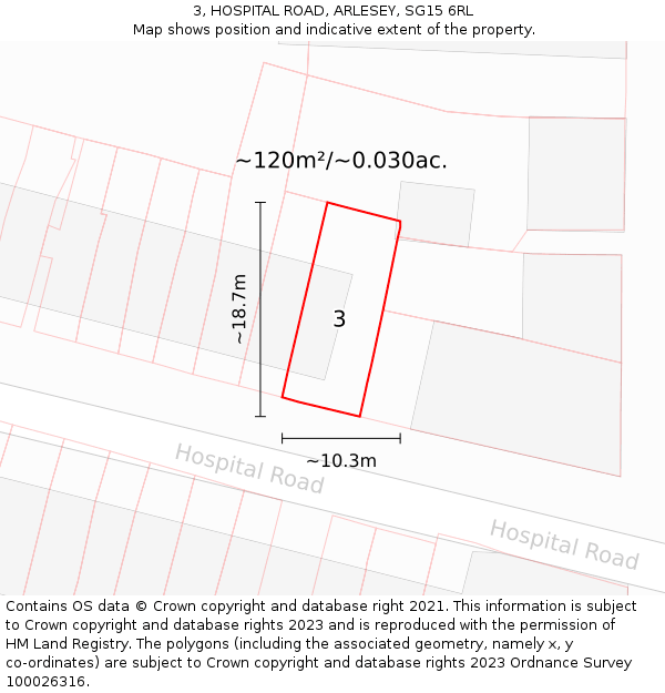 3, HOSPITAL ROAD, ARLESEY, SG15 6RL: Plot and title map