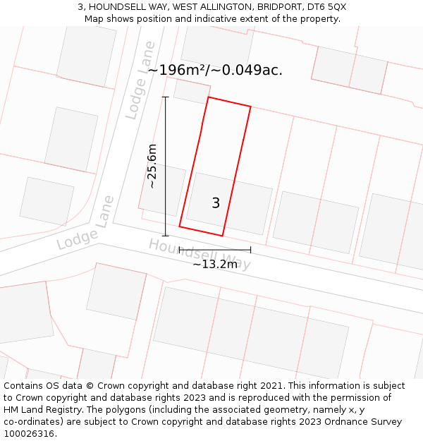 3, HOUNDSELL WAY, WEST ALLINGTON, BRIDPORT, DT6 5QX: Plot and title map