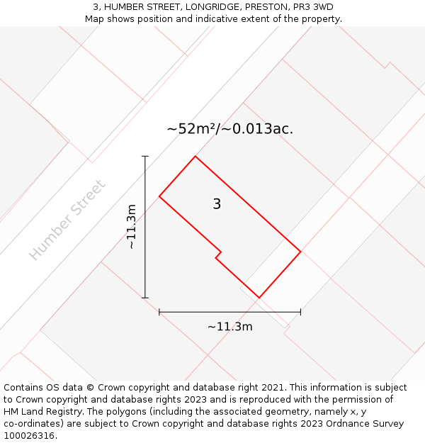 3, HUMBER STREET, LONGRIDGE, PRESTON, PR3 3WD: Plot and title map