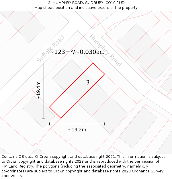 3, HUMPHRY ROAD, SUDBURY, CO10 1UD: Plot and title map