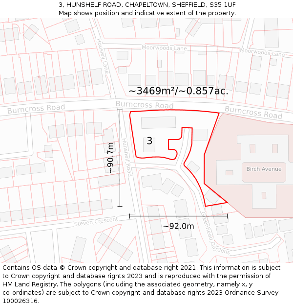 3, HUNSHELF ROAD, CHAPELTOWN, SHEFFIELD, S35 1UF: Plot and title map