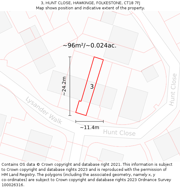 3, HUNT CLOSE, HAWKINGE, FOLKESTONE, CT18 7FJ: Plot and title map