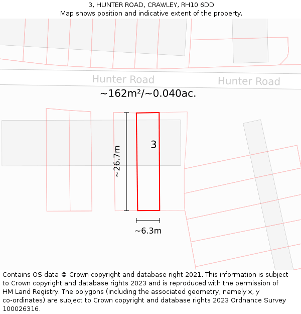 3, HUNTER ROAD, CRAWLEY, RH10 6DD: Plot and title map