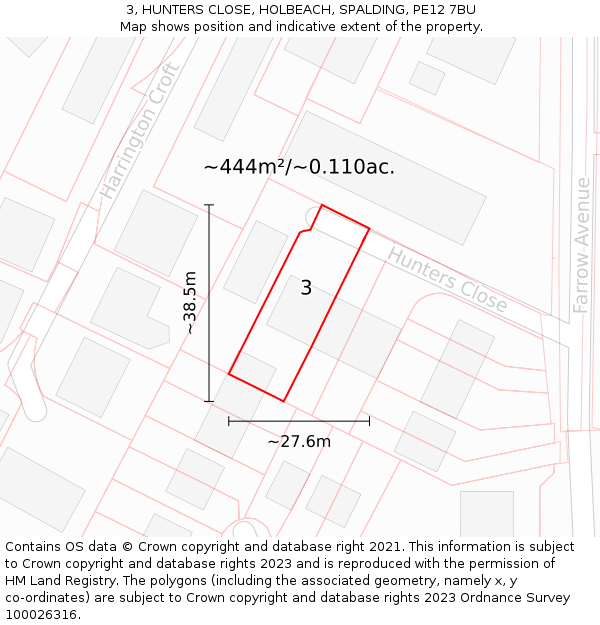 3, HUNTERS CLOSE, HOLBEACH, SPALDING, PE12 7BU: Plot and title map