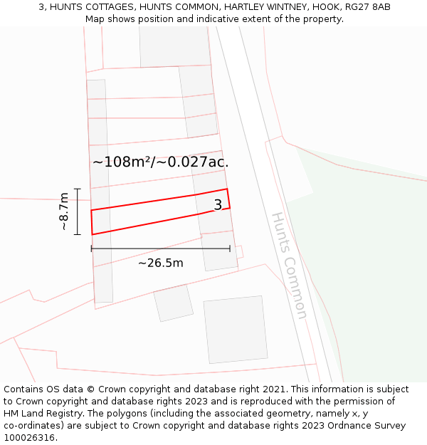 3, HUNTS COTTAGES, HUNTS COMMON, HARTLEY WINTNEY, HOOK, RG27 8AB: Plot and title map