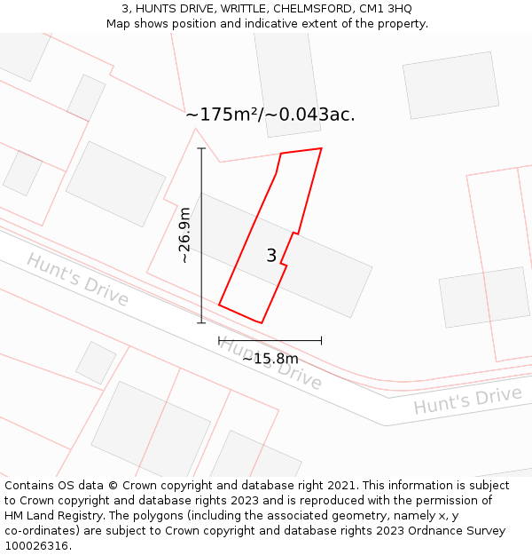 3, HUNTS DRIVE, WRITTLE, CHELMSFORD, CM1 3HQ: Plot and title map