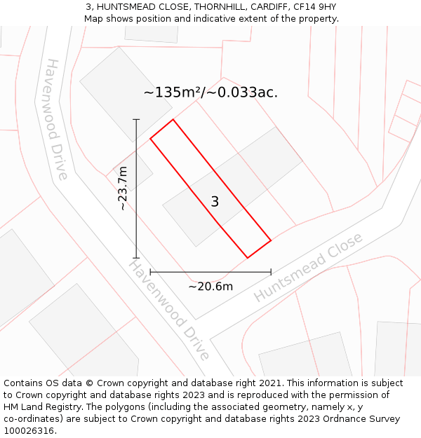 3, HUNTSMEAD CLOSE, THORNHILL, CARDIFF, CF14 9HY: Plot and title map