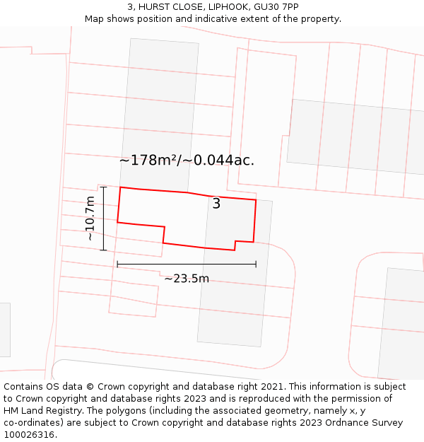 3, HURST CLOSE, LIPHOOK, GU30 7PP: Plot and title map