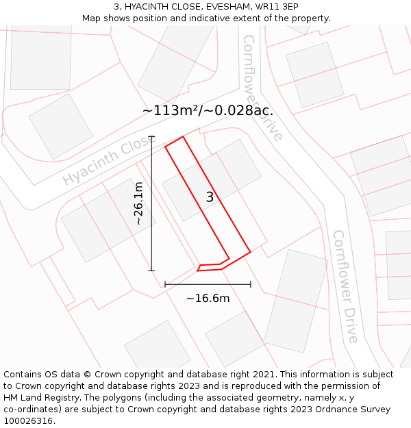 3, HYACINTH CLOSE, EVESHAM, WR11 3EP: Plot and title map