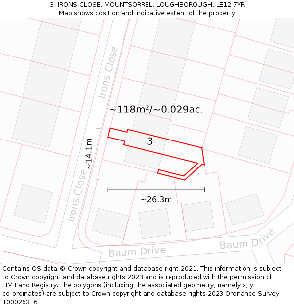 3, IRONS CLOSE, MOUNTSORREL, LOUGHBOROUGH, LE12 7YR: Plot and title map