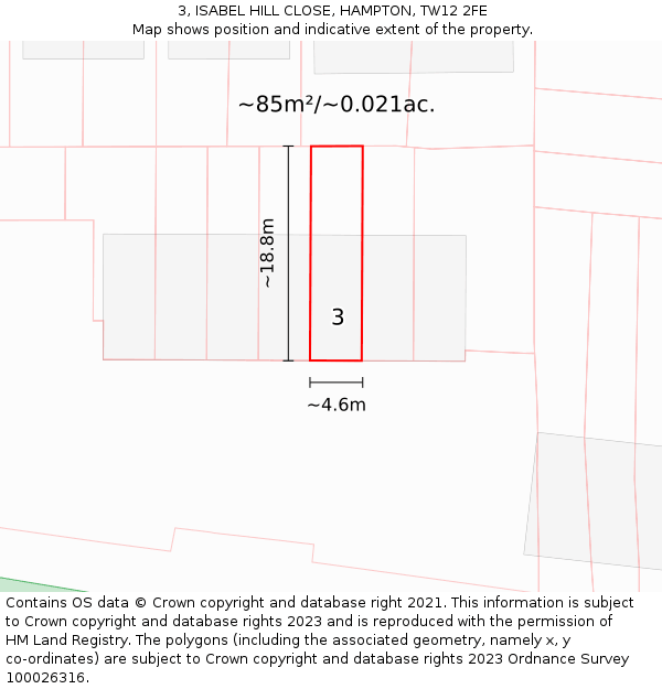 3, ISABEL HILL CLOSE, HAMPTON, TW12 2FE: Plot and title map