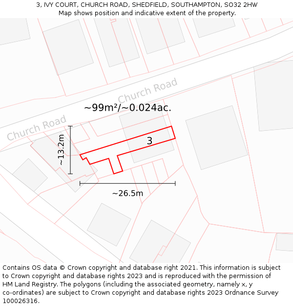 3, IVY COURT, CHURCH ROAD, SHEDFIELD, SOUTHAMPTON, SO32 2HW: Plot and title map