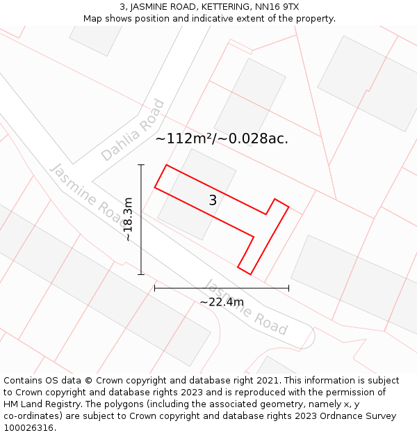 3, JASMINE ROAD, KETTERING, NN16 9TX: Plot and title map
