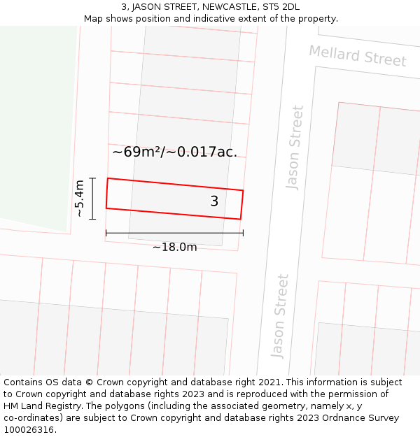3, JASON STREET, NEWCASTLE, ST5 2DL: Plot and title map