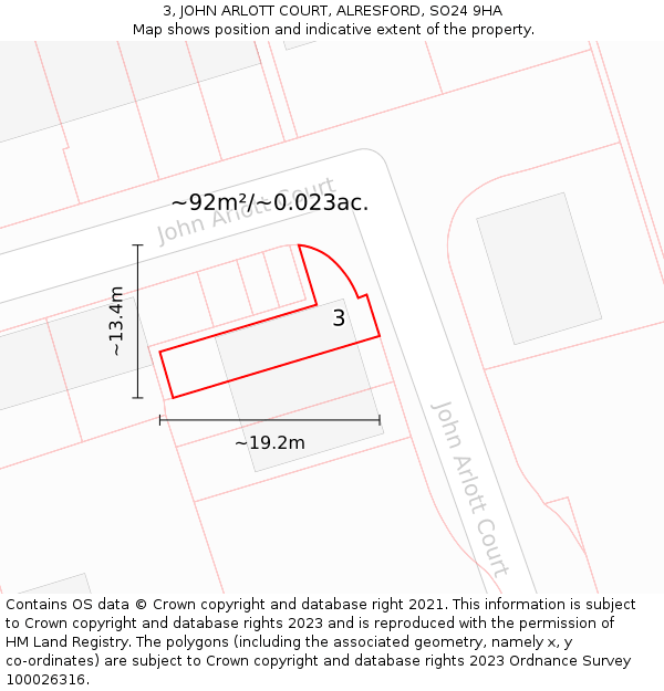 3, JOHN ARLOTT COURT, ALRESFORD, SO24 9HA: Plot and title map