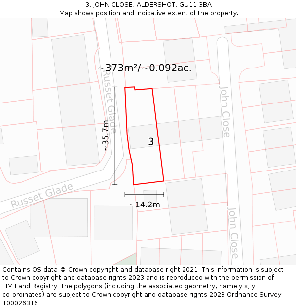 3, JOHN CLOSE, ALDERSHOT, GU11 3BA: Plot and title map
