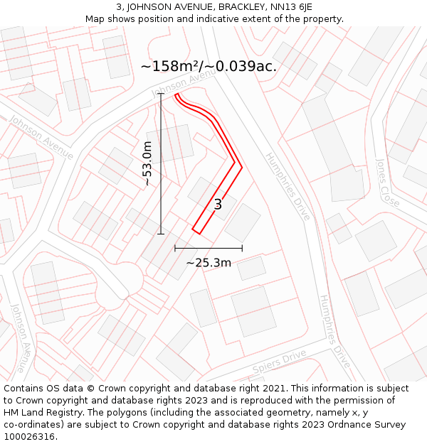 3, JOHNSON AVENUE, BRACKLEY, NN13 6JE: Plot and title map