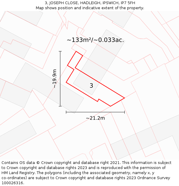 3, JOSEPH CLOSE, HADLEIGH, IPSWICH, IP7 5FH: Plot and title map