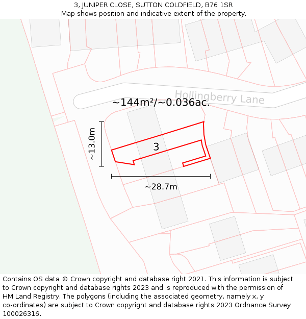 3, JUNIPER CLOSE, SUTTON COLDFIELD, B76 1SR: Plot and title map