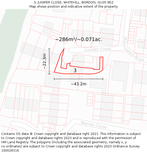 3, JUNIPER CLOSE, WHITEHILL, BORDON, GU35 9EZ: Plot and title map