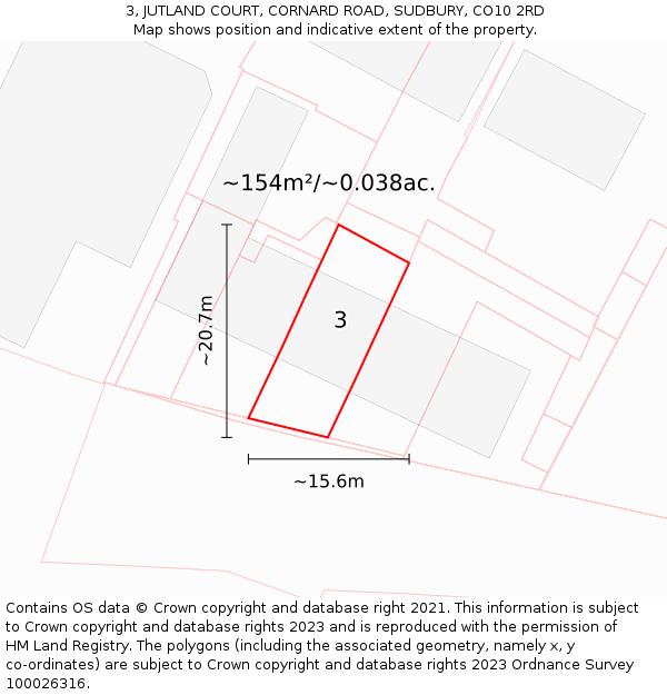 3, JUTLAND COURT, CORNARD ROAD, SUDBURY, CO10 2RD: Plot and title map