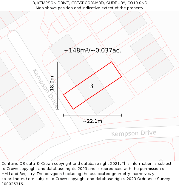 3, KEMPSON DRIVE, GREAT CORNARD, SUDBURY, CO10 0ND: Plot and title map