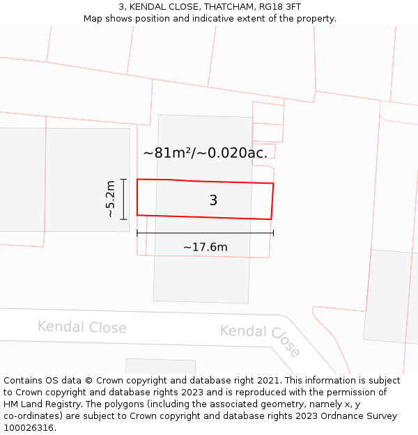 3, KENDAL CLOSE, THATCHAM, RG18 3FT: Plot and title map