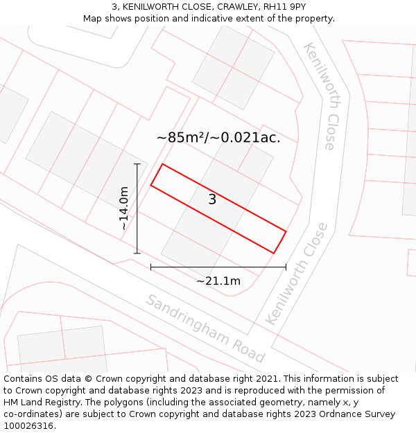 3, KENILWORTH CLOSE, CRAWLEY, RH11 9PY: Plot and title map