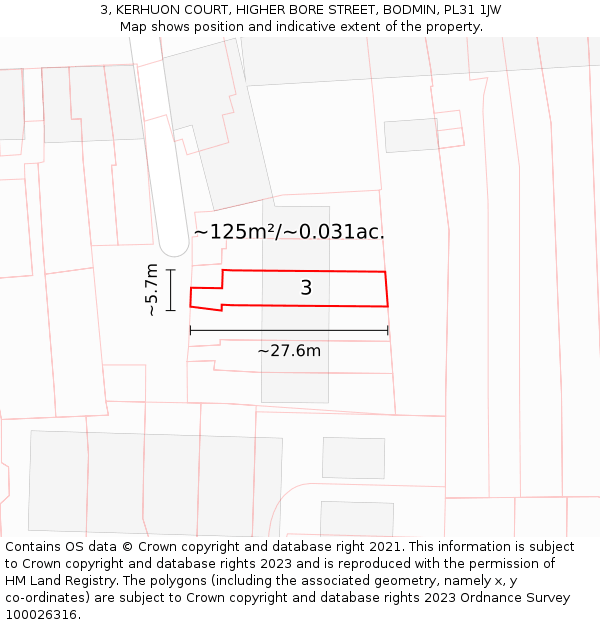 3, KERHUON COURT, HIGHER BORE STREET, BODMIN, PL31 1JW: Plot and title map