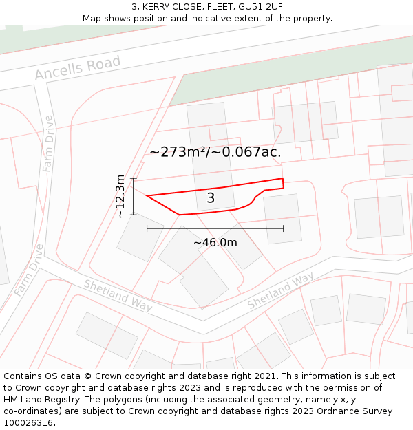 3, KERRY CLOSE, FLEET, GU51 2UF: Plot and title map