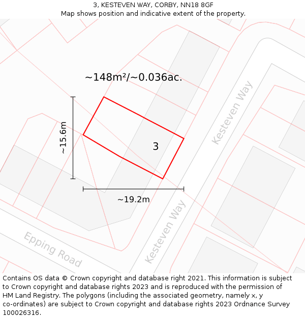 3, KESTEVEN WAY, CORBY, NN18 8GF: Plot and title map