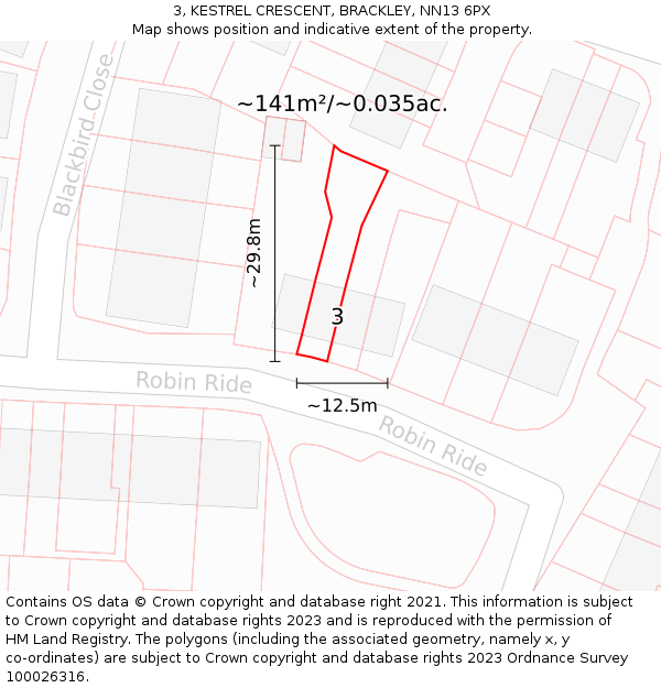 3, KESTREL CRESCENT, BRACKLEY, NN13 6PX: Plot and title map