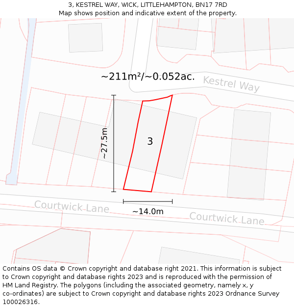 3, KESTREL WAY, WICK, LITTLEHAMPTON, BN17 7RD: Plot and title map