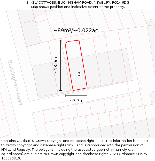 3, KEW COTTAGES, BUCKINGHAM ROAD, NEWBURY, RG14 6DG: Plot and title map