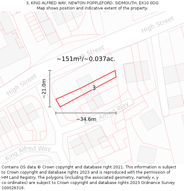 3, KING ALFRED WAY, NEWTON POPPLEFORD, SIDMOUTH, EX10 0DG: Plot and title map
