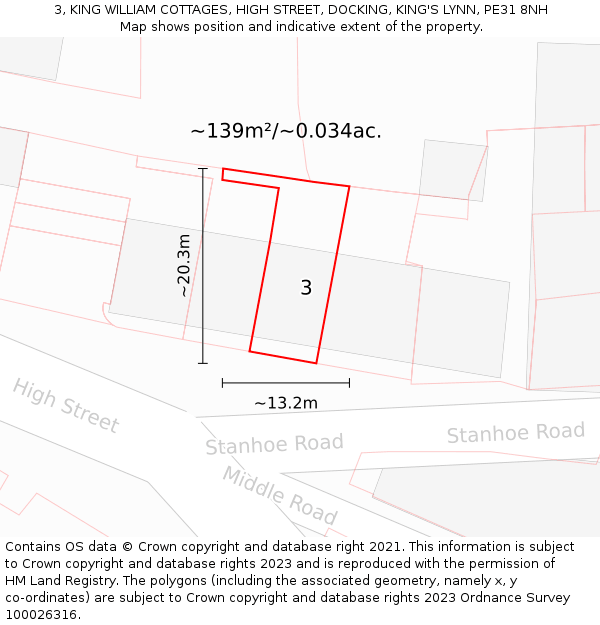 3, KING WILLIAM COTTAGES, HIGH STREET, DOCKING, KING'S LYNN, PE31 8NH: Plot and title map