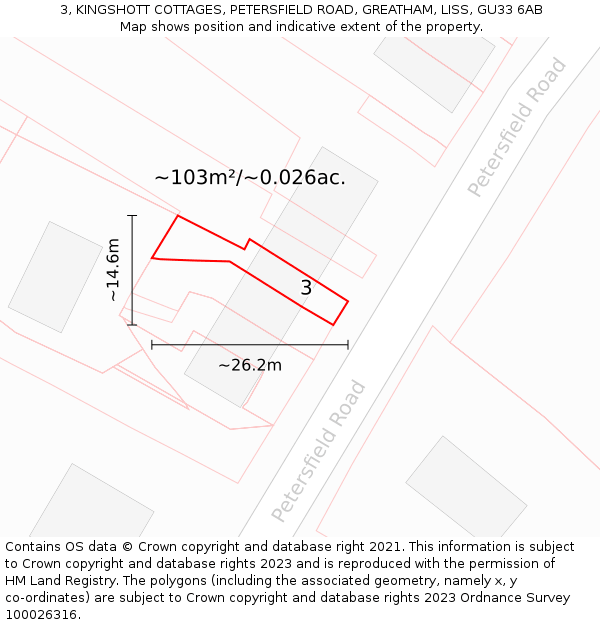 3, KINGSHOTT COTTAGES, PETERSFIELD ROAD, GREATHAM, LISS, GU33 6AB: Plot and title map