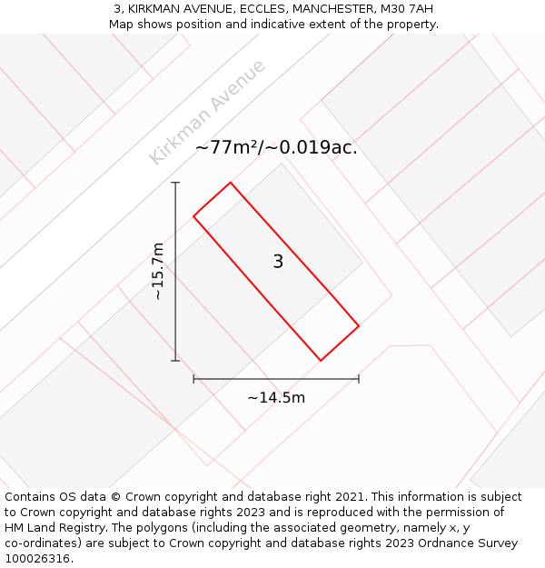 3, KIRKMAN AVENUE, ECCLES, MANCHESTER, M30 7AH: Plot and title map