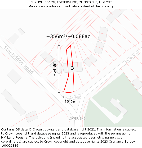 3, KNOLLS VIEW, TOTTERNHOE, DUNSTABLE, LU6 2BT: Plot and title map