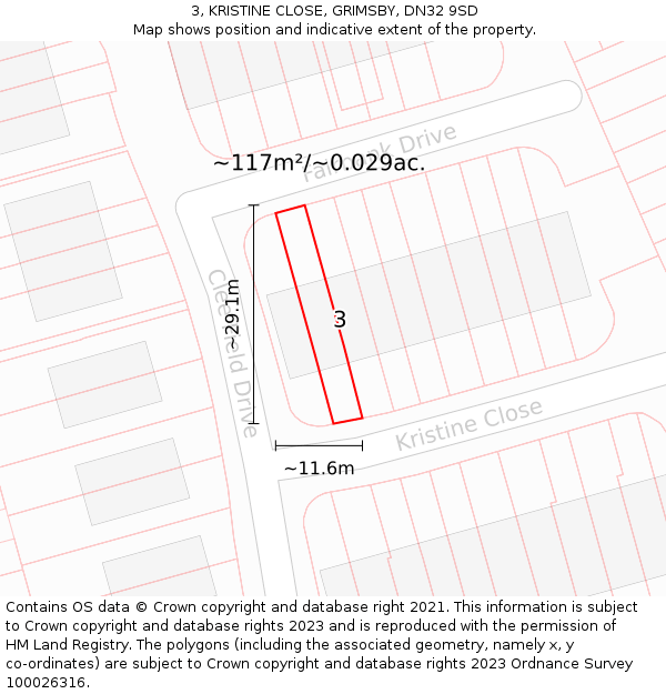 3, KRISTINE CLOSE, GRIMSBY, DN32 9SD: Plot and title map