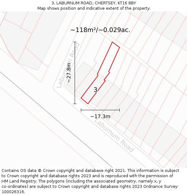 3, LABURNUM ROAD, CHERTSEY, KT16 8BY: Plot and title map