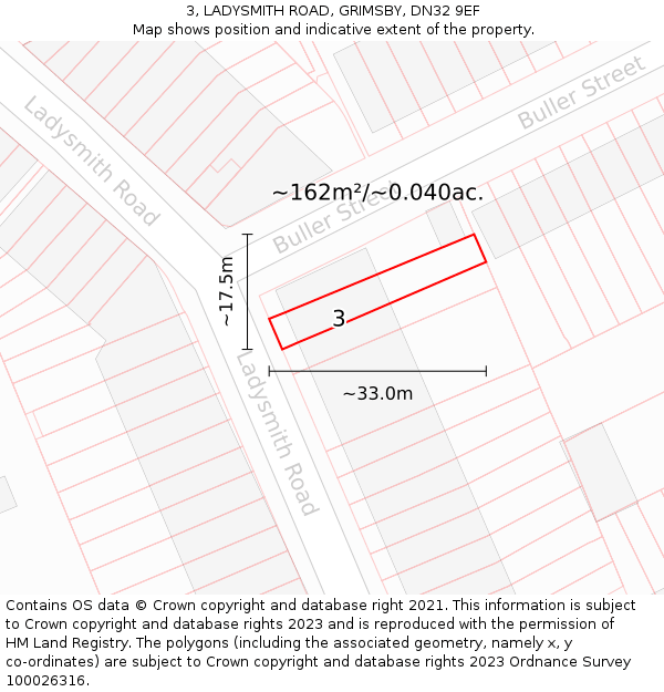 3, LADYSMITH ROAD, GRIMSBY, DN32 9EF: Plot and title map