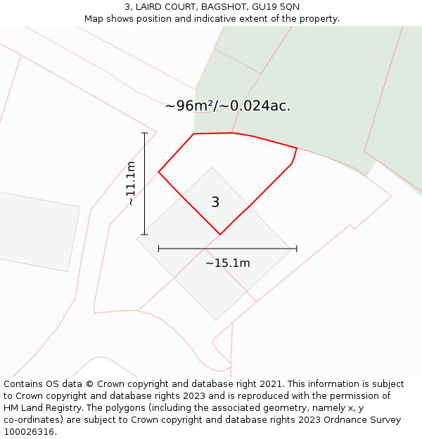 3, LAIRD COURT, BAGSHOT, GU19 5QN: Plot and title map