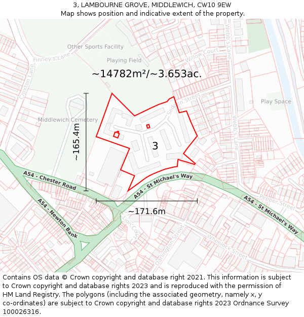 3, LAMBOURNE GROVE, MIDDLEWICH, CW10 9EW: Plot and title map