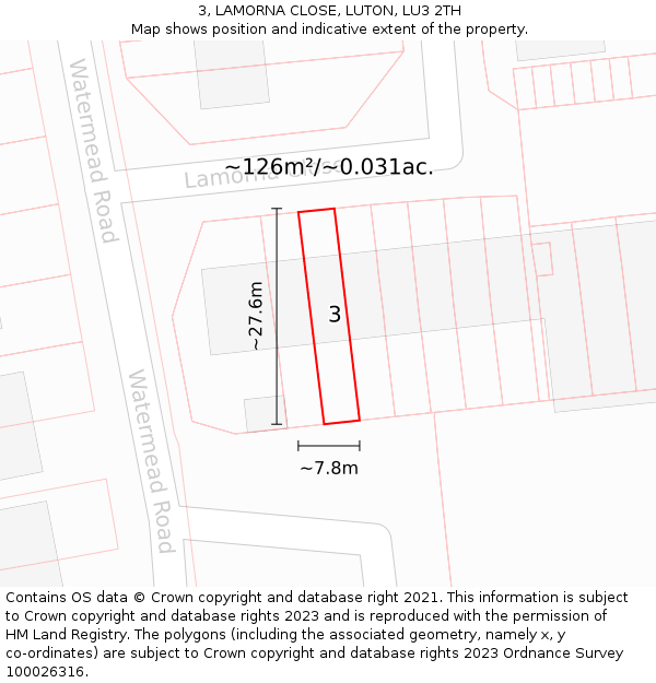 3, LAMORNA CLOSE, LUTON, LU3 2TH: Plot and title map
