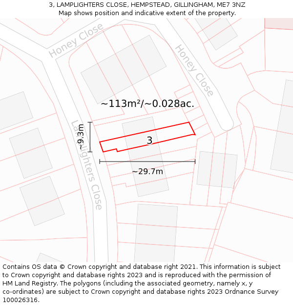 3, LAMPLIGHTERS CLOSE, HEMPSTEAD, GILLINGHAM, ME7 3NZ: Plot and title map