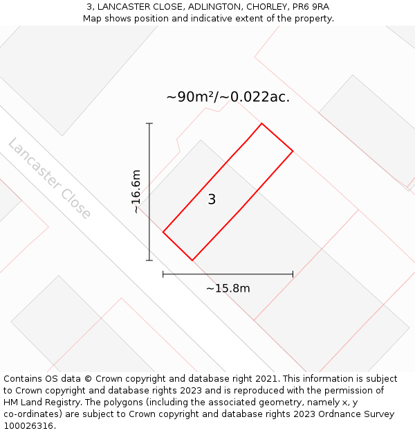 3, LANCASTER CLOSE, ADLINGTON, CHORLEY, PR6 9RA: Plot and title map