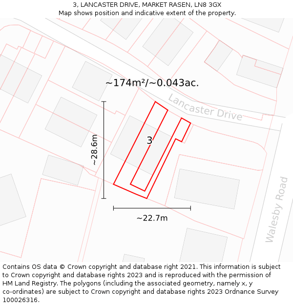 3, LANCASTER DRIVE, MARKET RASEN, LN8 3GX: Plot and title map