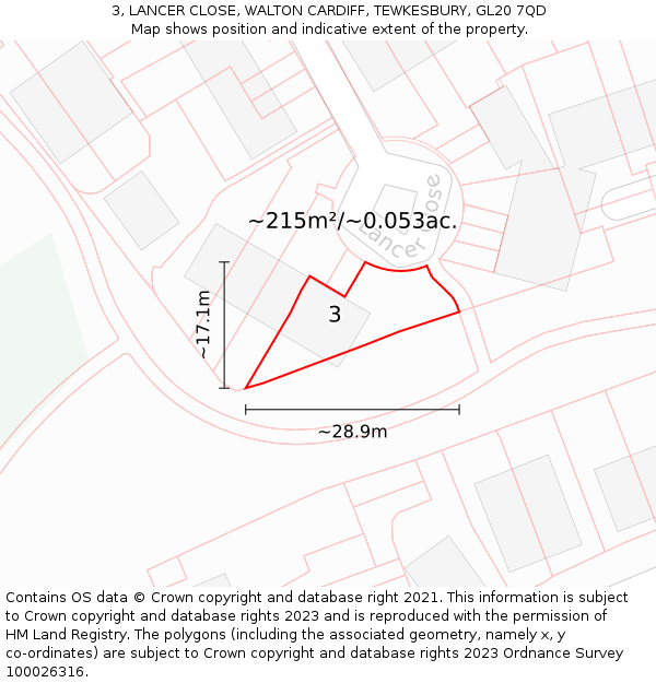 3, LANCER CLOSE, WALTON CARDIFF, TEWKESBURY, GL20 7QD: Plot and title map